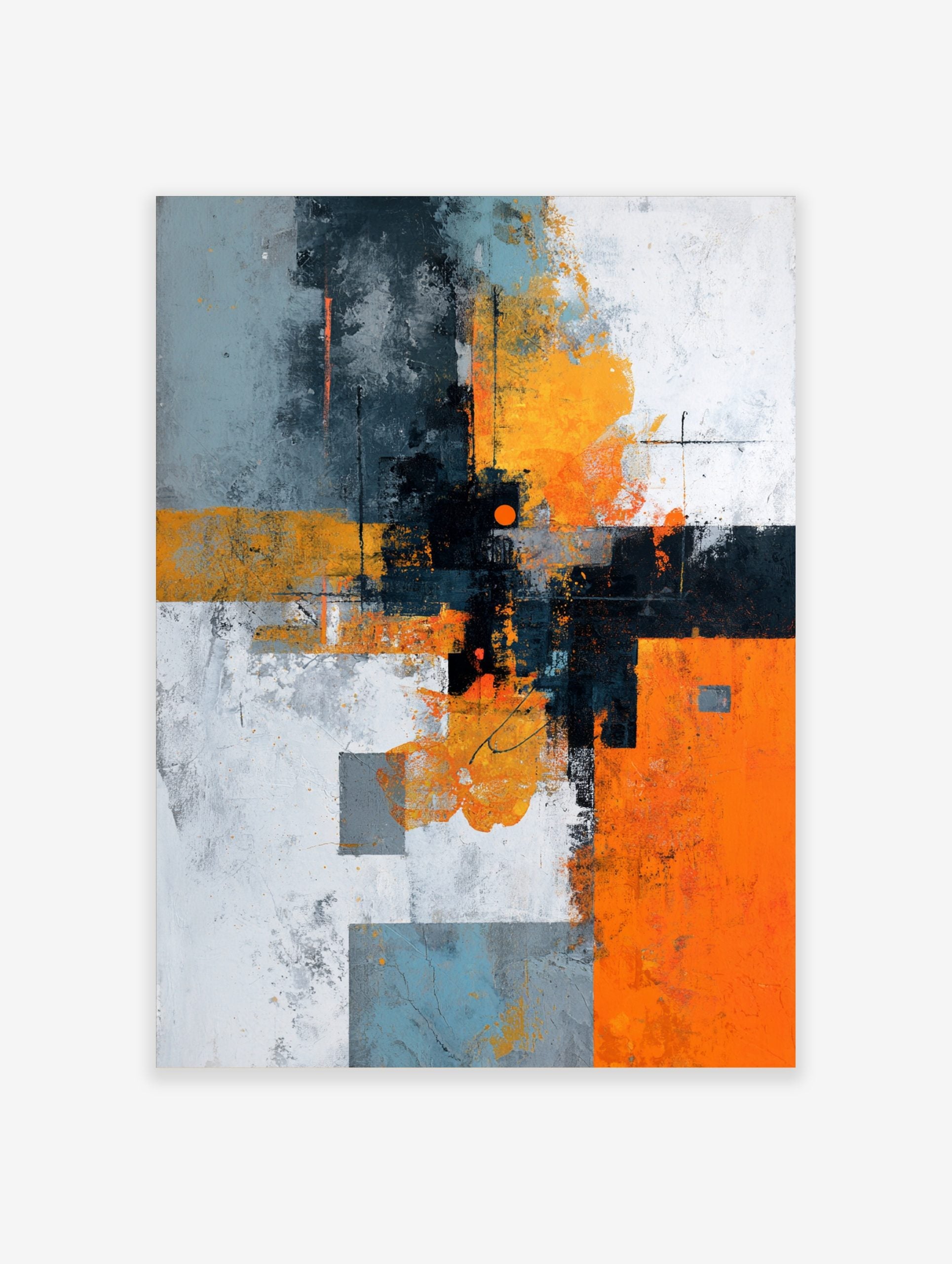 Abstract geometric wall art with orange, grey, black, and white blocks, distressed textures, and an orange circle