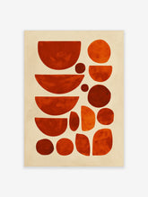 Abstract geometric art print with organic shapes in varying shades of orange and red against a light background