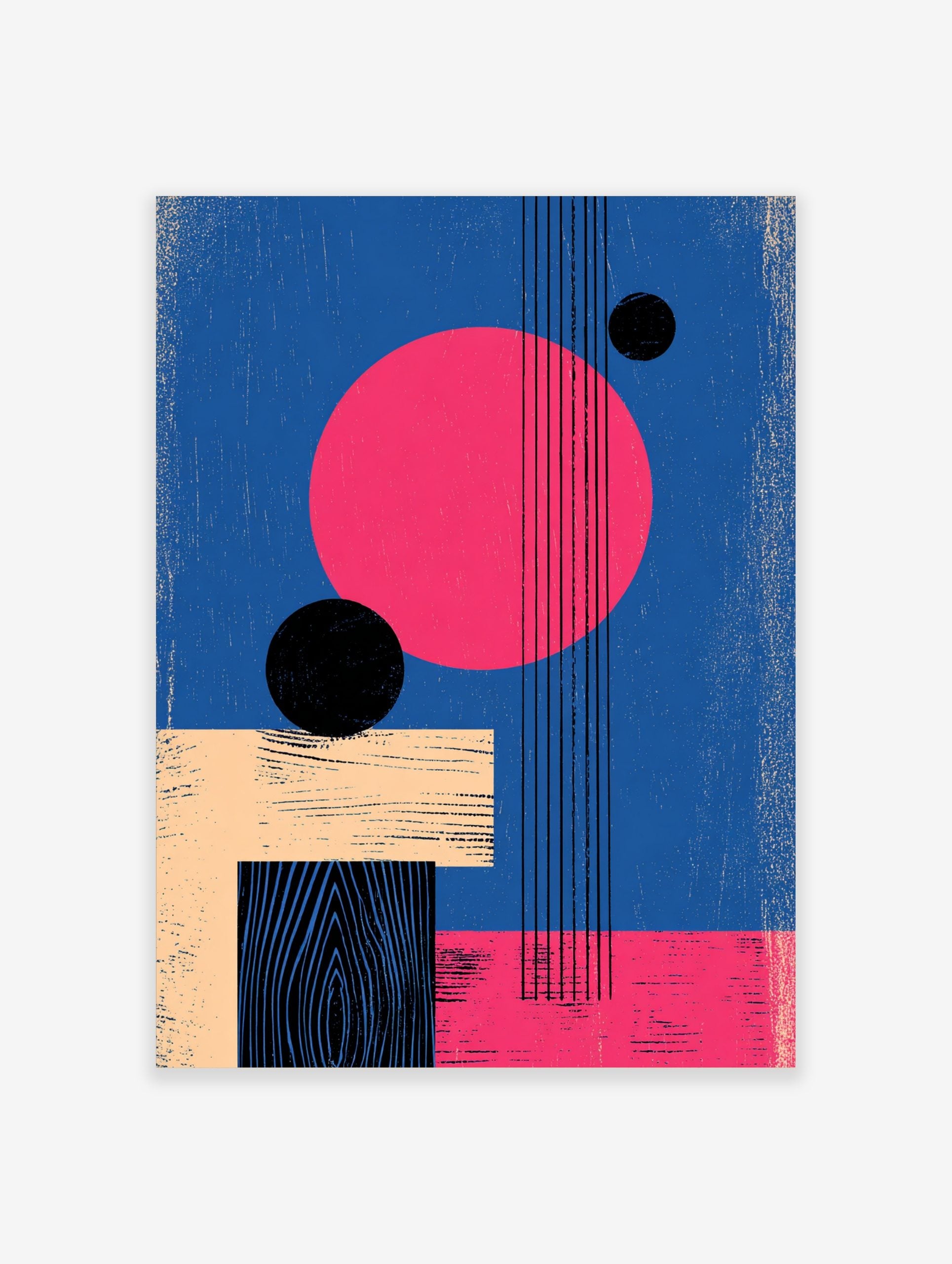 Abstract geometric wall art with large pink circle, black spheres, beige and black rectangles on a blue background