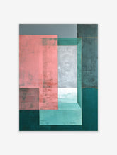Abstract geometric wall art with layered pink, grey, and teal rectangles, creating a sense of depth and texture