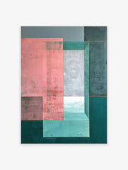 Abstract geometric wall art with layered pink, grey, and teal rectangles, creating a sense of depth and texture