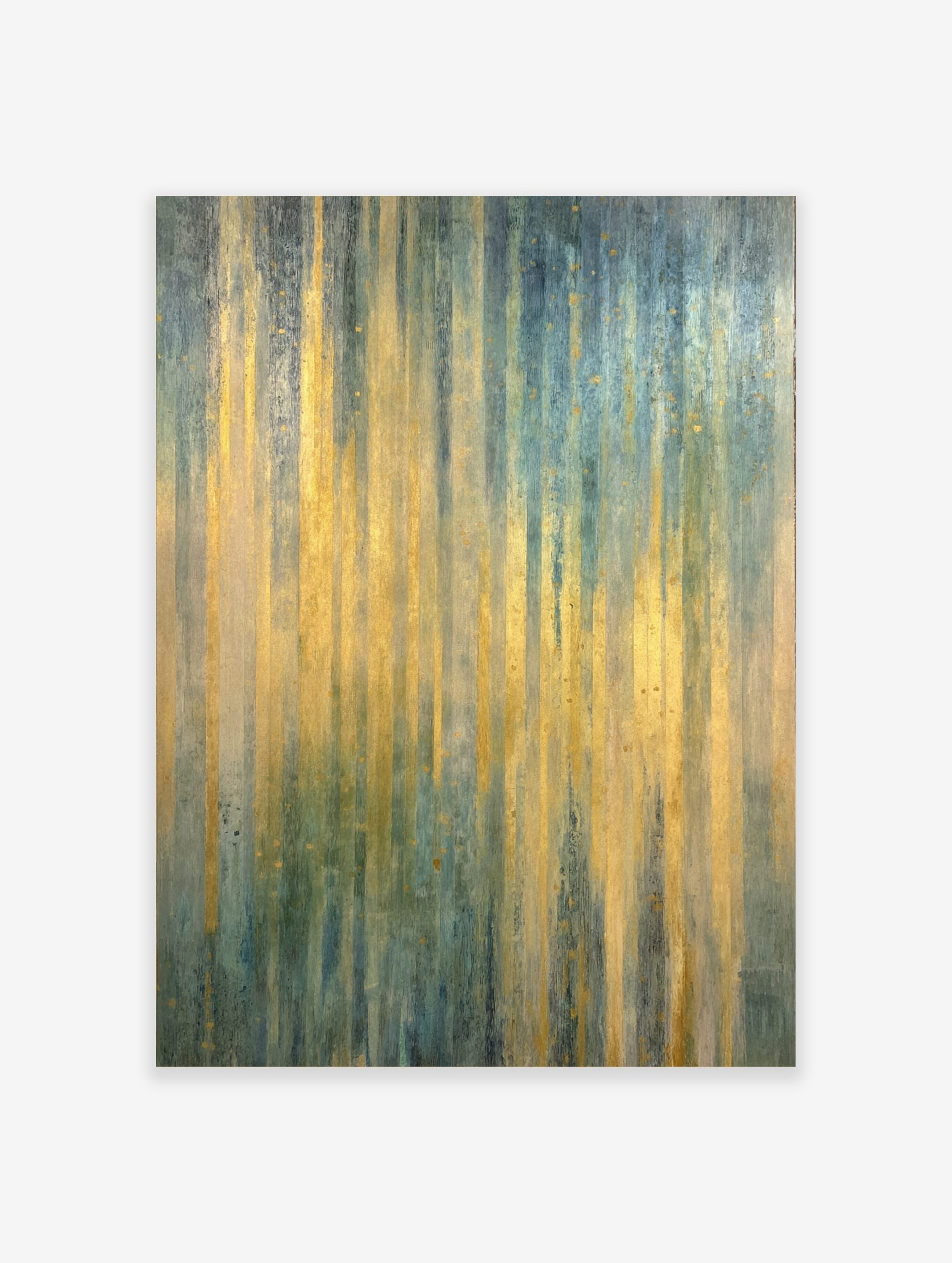 Abstract art print with shimmering vertical gold, teal, and blue stripes, featuring a textured, painterly effect