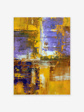 Abstract art print with textured gold, purple, and brown paint strokes in a layered, modern composition