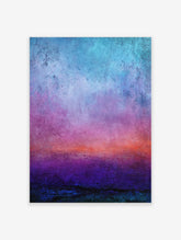 Abstract gradient art print with textured bands of blue, purple, orange, and deep teal colours, creating an atmospheric