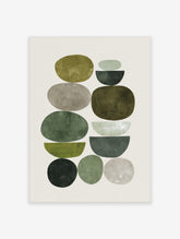 Abstract art print with stacked organic and semi-circular shapes in green and grey earth tones