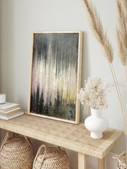 Abstract grey and white wall art with vertical dripped textures and subtle pink and yellow, in an alternate framed mockup