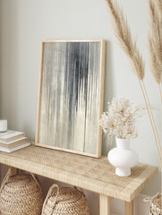 Abstract grey and black vertical lines with a drip effect on a textured off-white background, in an alternate framed mockup
