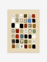Abstract grid wall art with 42 hand-painted squares in earth tones, black, white, and red on beige background