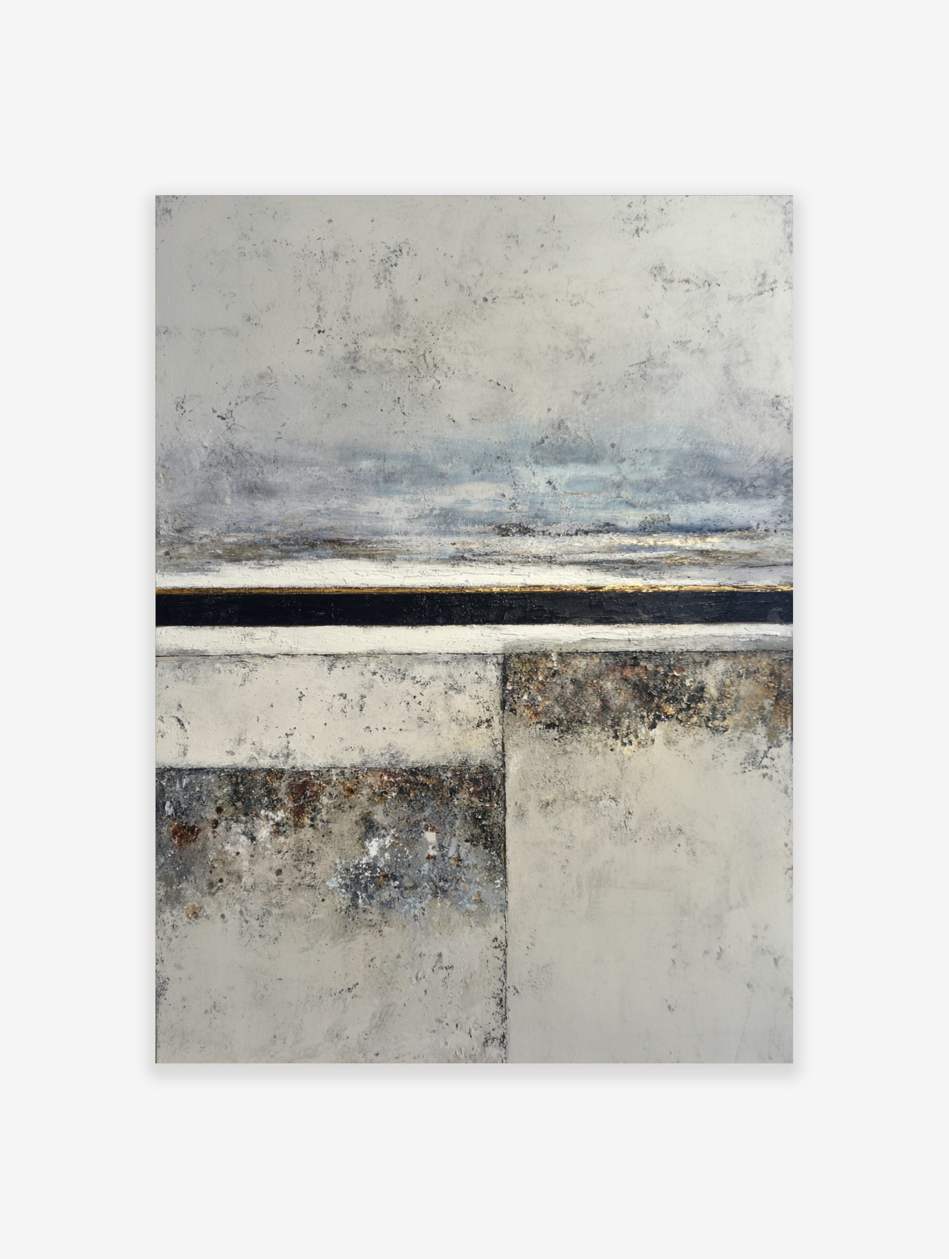 Abstract textured landscape wall art print with grey, off-white, black, and gold horizontal bands