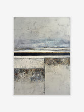 Abstract textured landscape wall art print with grey, off-white, black, and gold horizontal bands