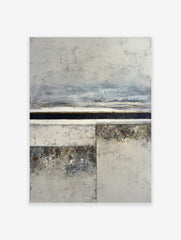 Abstract textured landscape wall art print with grey, off-white, black, and gold horizontal bands
