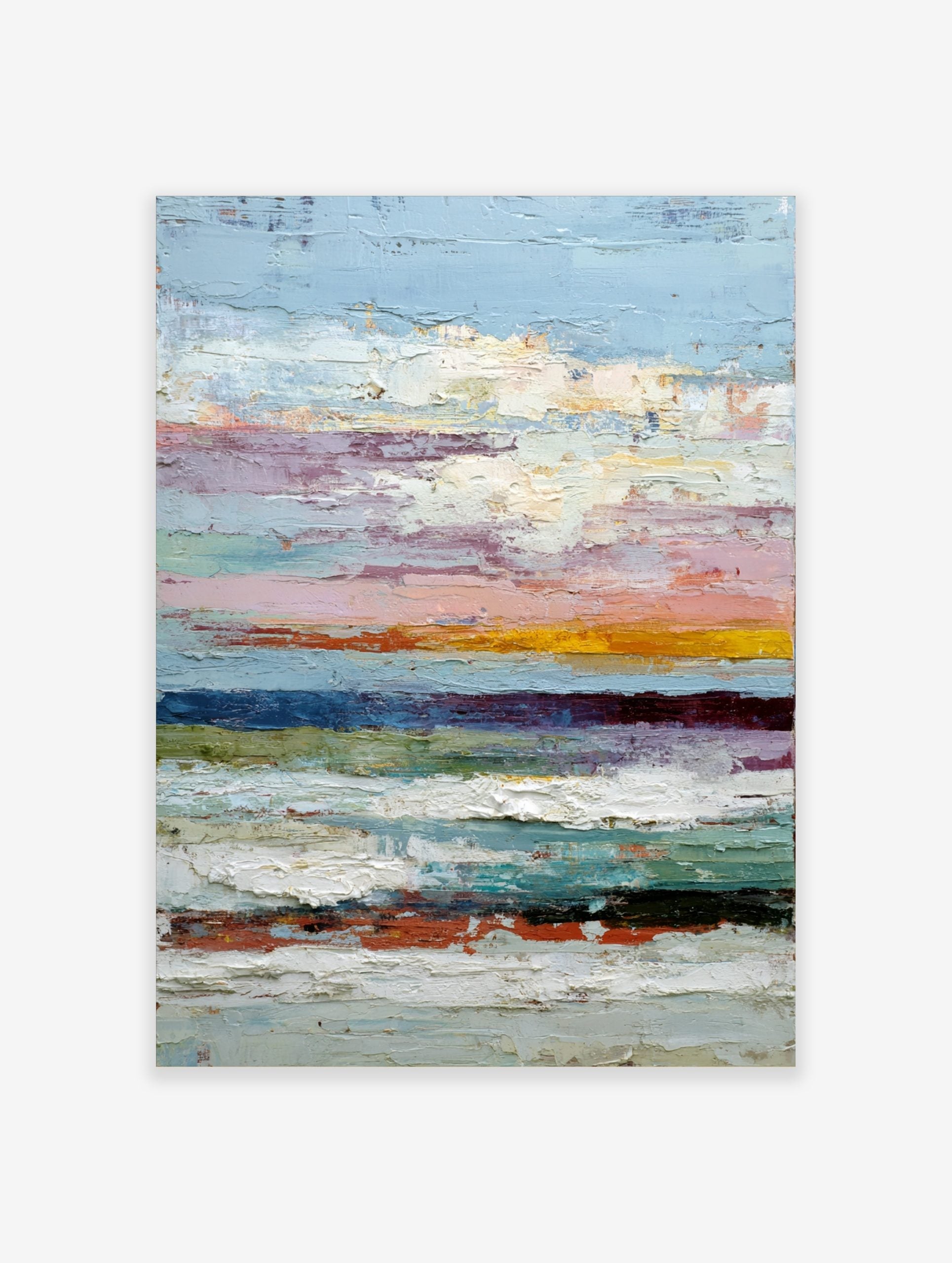 Textured abstract painting with horizontal stripes in blue, pink, yellow, white, and dark tones