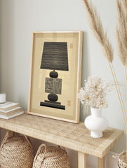 Abstract black line art illustration of a lamp with geometric patterns on a cream background, in an alternate framed mockup