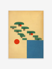 Abstract landscape art print with green geometric shapes, red sun, and blue water on a warm beige background.