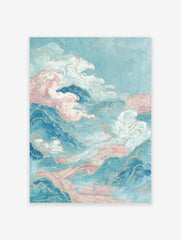 Abstract landscape painting with pink and white clouds over blue mountains, accented with gold lines on a light blue background.