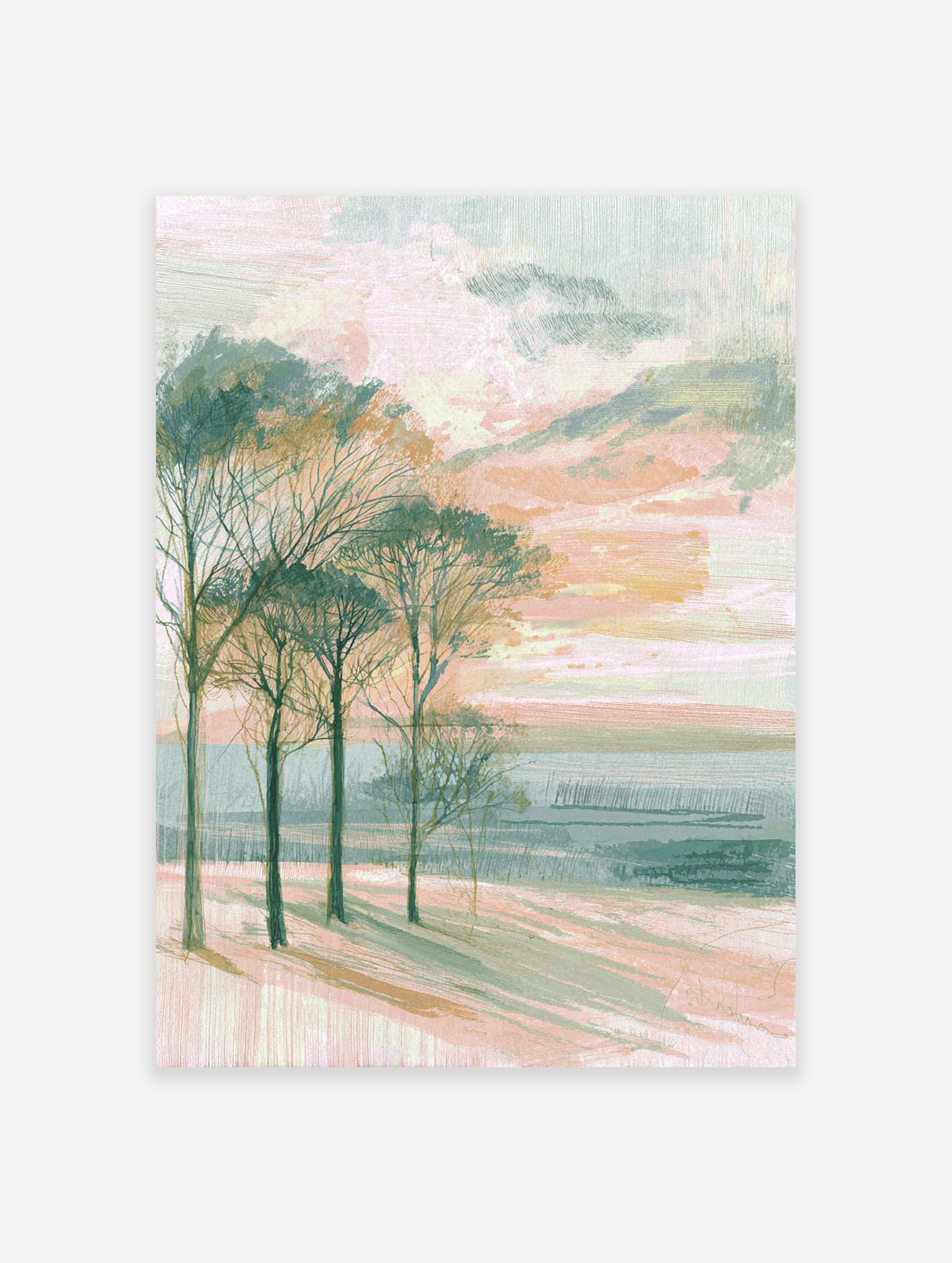 Abstract landscape painting with bare trees in foreground, pastel pink and green sky, and soft horizon line.