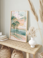 Abstract landscape painting with bare trees in foreground, pastel pink and green sky, and soft horizon line. - Image 3