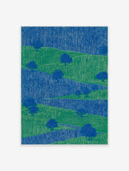 Abstract landscape art print with layered blue and green hills, stylised trees, and vertical line textures