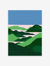 Abstract landscape wall art print with blue sky, pink water, and green rolling hills in a stippled, minimalist style.