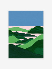 Abstract landscape wall art print with blue sky, pink water, and green rolling hills in a stippled, minimalist style.
