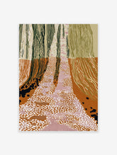 Abstract landscape wall art with vertical lines representing trees, a central path of white and pink dots, in earth tones.