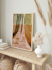 Abstract landscape wall art with vertical lines representing trees, a central path of white and pink dots, in earth tones. - Image 3