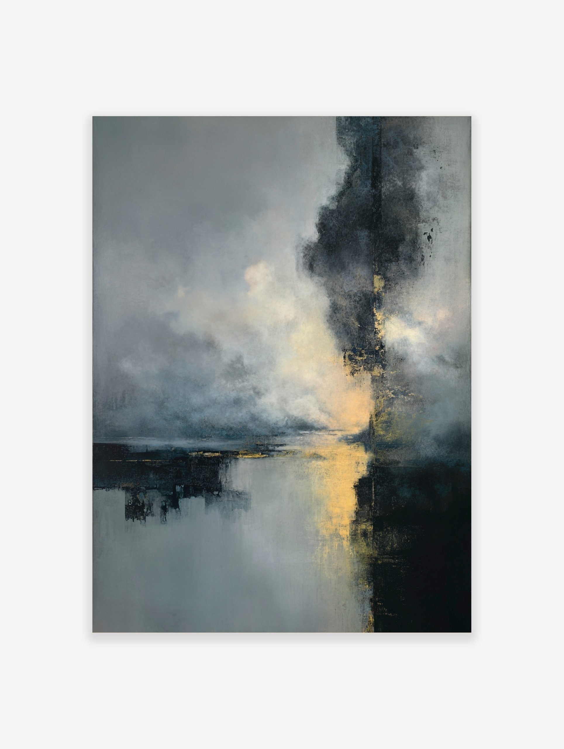 Abstract art print with dark grey, blue, and gold colours depicting a misty landscape with reflections