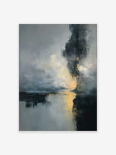 Abstract art print with dark grey, blue, and gold colours depicting a misty landscape with reflections