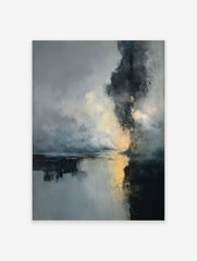 Abstract art print with dark grey, blue, and gold colours depicting a misty landscape with reflections