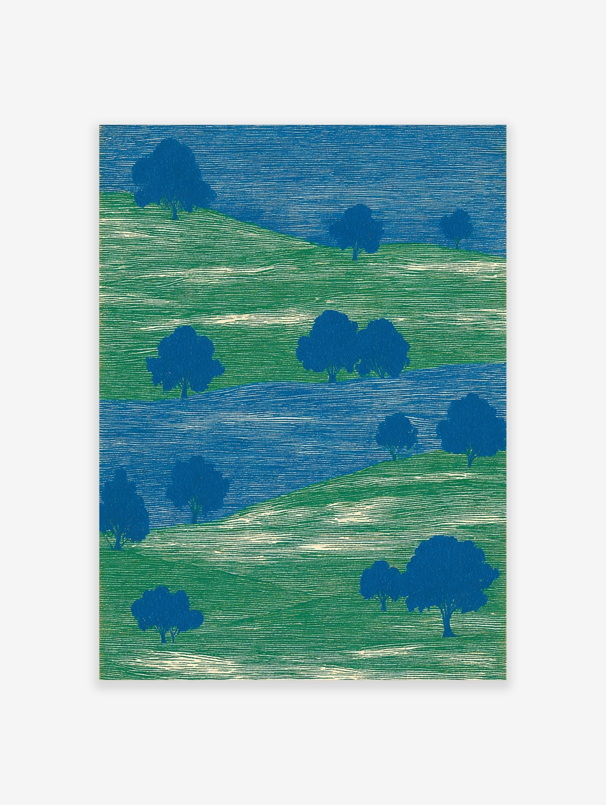 Abstract landscape art print with green rolling hills, blue trees, and a blue river, featuring etched lines