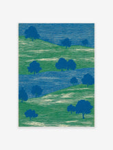 Abstract landscape art print with green rolling hills, blue trees, and a blue river, featuring etched lines