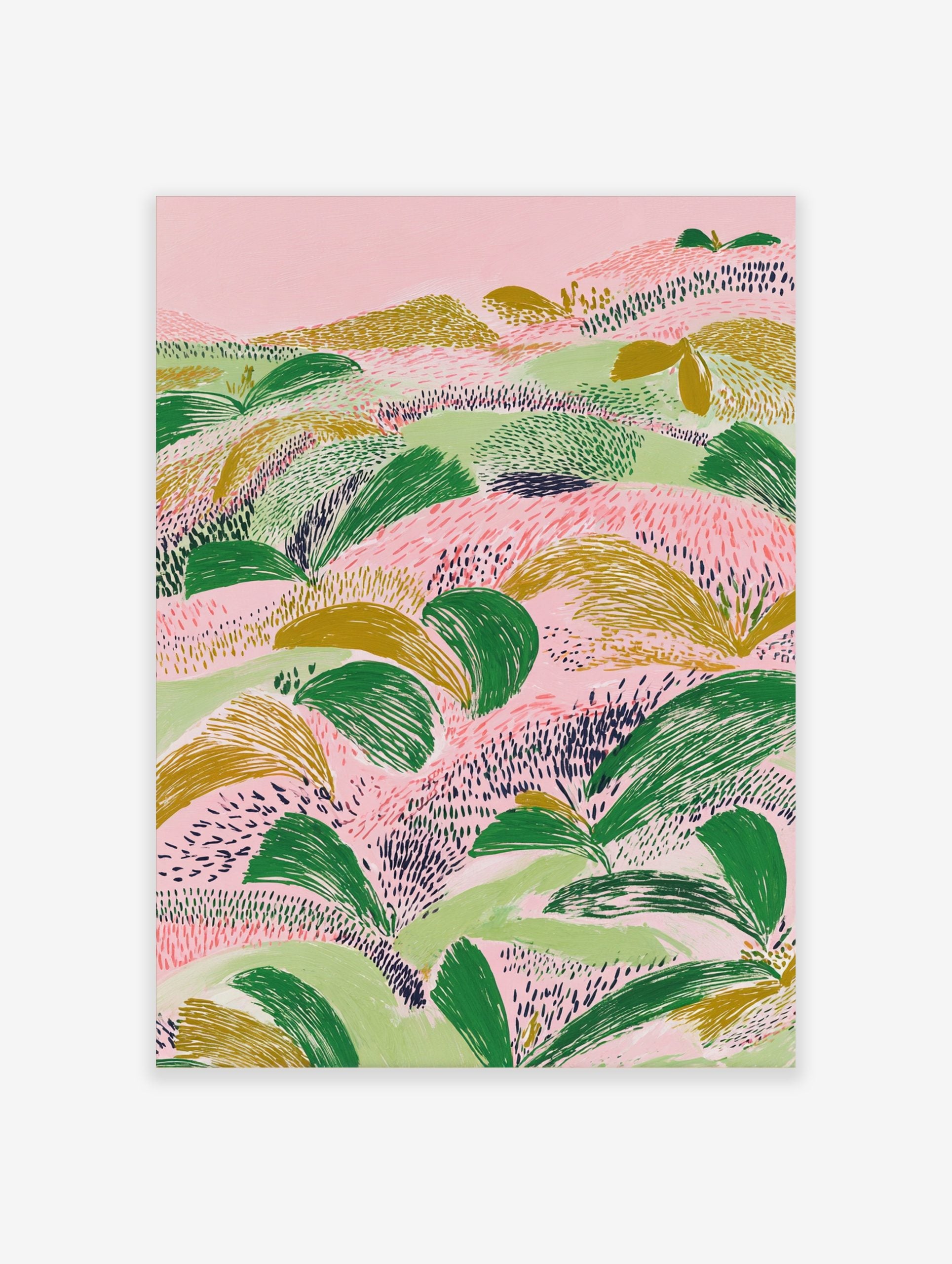 Abstract landscape illustration with textured green and gold foliage on a pink background