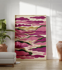 Abstract landscape wall art print with flowing pink, purple, green, and gold shapes on a textured cream background. - Image 3