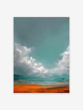 Abstract landscape art print with teal-grey sky, white clouds, and vibrant orange-blue ground