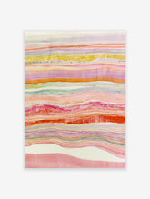 Abstract wall art print with fluid, horizontal layers in pink, orange, yellow, and teal on a white background