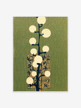 Abstract light tree illustration with glowing circles, dark branches, and ornate gold panel on olive green
