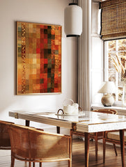 Abstract mosaic wall art with a grid of textured red, orange, and brown squares and vertical, in a styled room mockup
