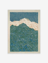 Abstract Mountain Poster with stylized blue sky and patterned green mountains, featuring white and tan snowy peaks.