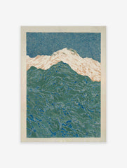 Abstract Mountain Poster with stylized blue sky and patterned green mountains, featuring white and tan snowy peaks.