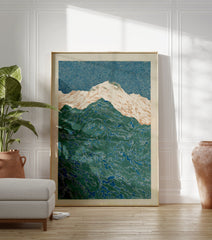 Abstract Mountain Poster with stylized blue sky and patterned green mountains, featuring white and tan snowy peaks. - Image 3