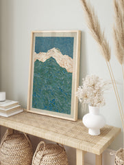 Abstract Mountain Poster with stylized blue sky and patterned green mountains, featuring white and tan snowy peaks. - Image 4