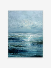 Abstract ocean seascape wall art print with blue textured waves, green accents, and bright horizon