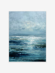 Abstract ocean seascape wall art print with blue textured waves, green accents, and bright horizon