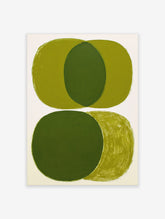Abstract art print with overlapping olive green ovals and visible brushstrokes on white background
