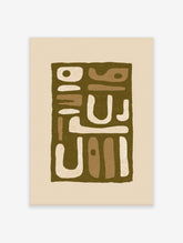 Abstract olive green wall art print with cream and tan organic shapes on a dark background