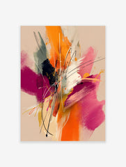 Abstract painting with energetic orange, fuchsia, black, and white brushstrokes and lines on a beige background