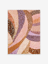 Abstract art print with flowing, curved bands of brown, pink, and lavender, featuring dotted and stroked textures