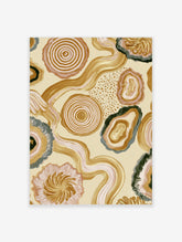 Abstract organic wall art with agate shapes, tree rings, and wavy lines in earthy beige, pink, and gold tones