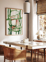 Abstract painting with bold green lines and soft pink and red blocks of color on a white background, modern art. - Image 2