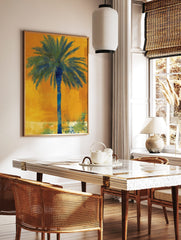 Abstract blue and green palm tree against a textured vibrant orange background in portrait, in a styled room mockup